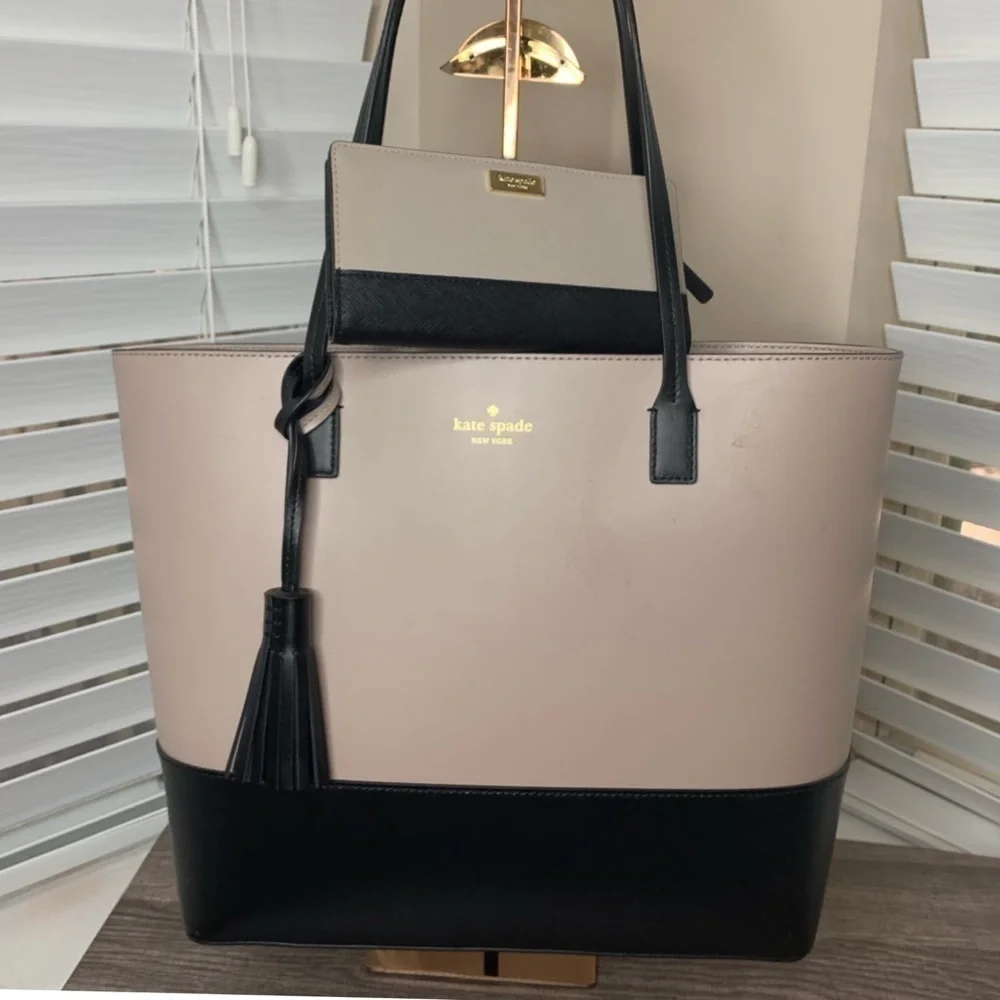 Kate Spade Beige Black Colorblock Tote Bag Wallet